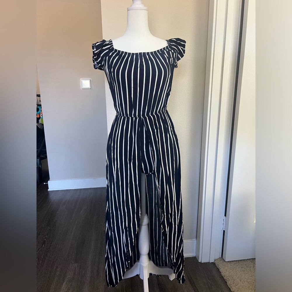 Navy and white stripe romper with high low skirt
